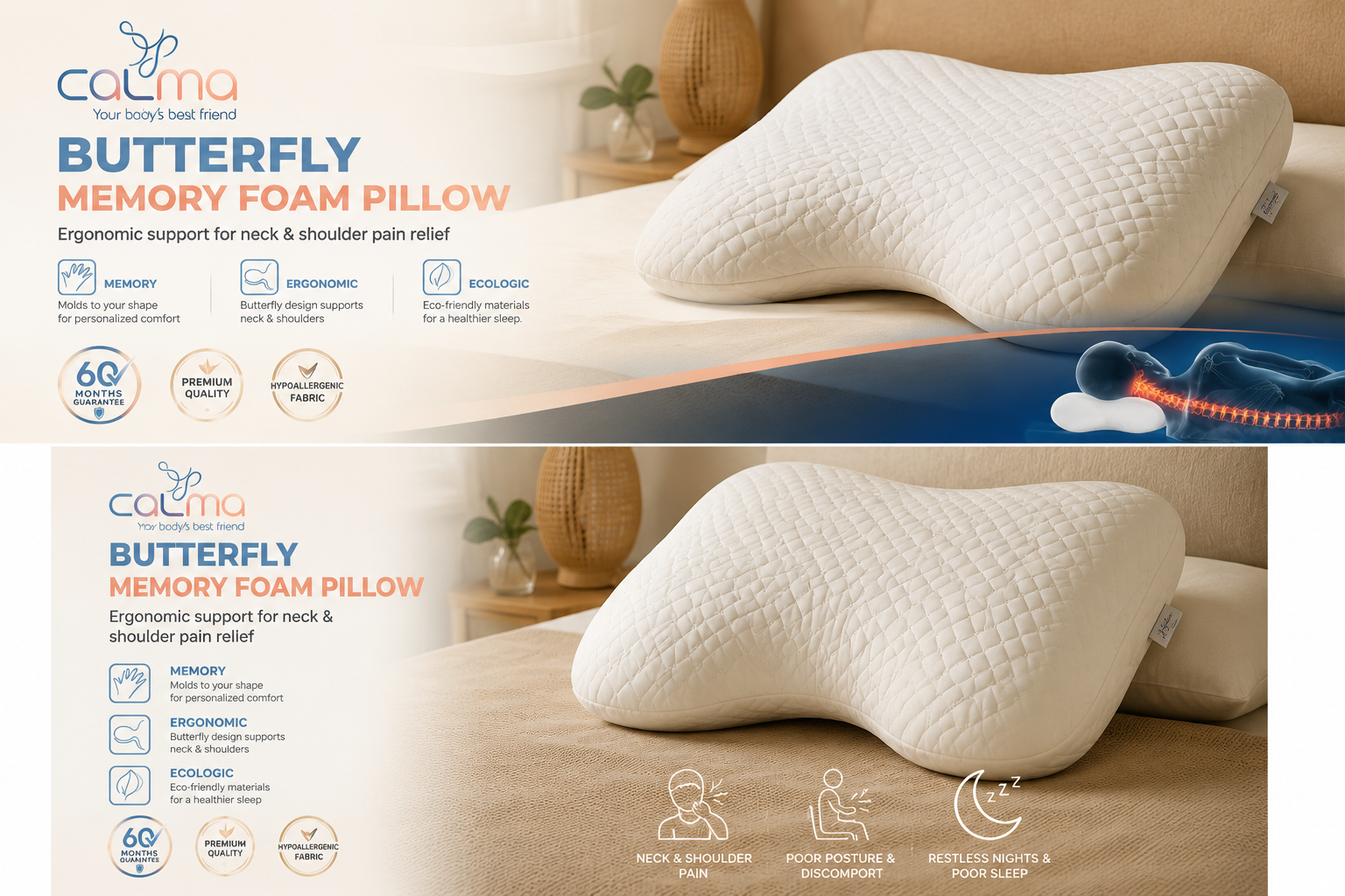 تصویر بالش پروانه‌ای Calma اسپانیا مدل Memory Foam ارگونومیک طبی با پارچه قابل شستشو