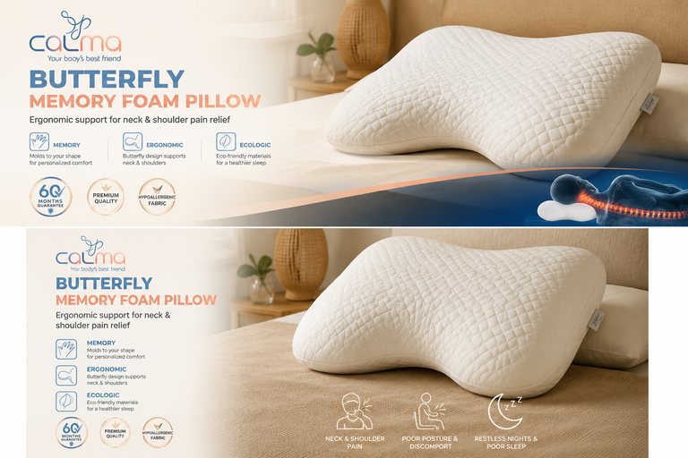 تصویر بالش پروانهای Calma اسپانیا مدل Memory Foam ارگونومیک طبی با پارچه قابل شستشو