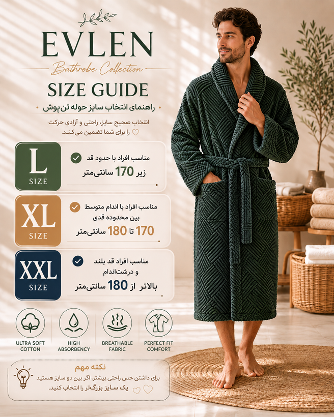 تصویر راهنمای سایز حوله تنپوش Evlen ترک در رنگها، طرحها و سایزهای متنوع، موجود در کالای خواب شفاهی